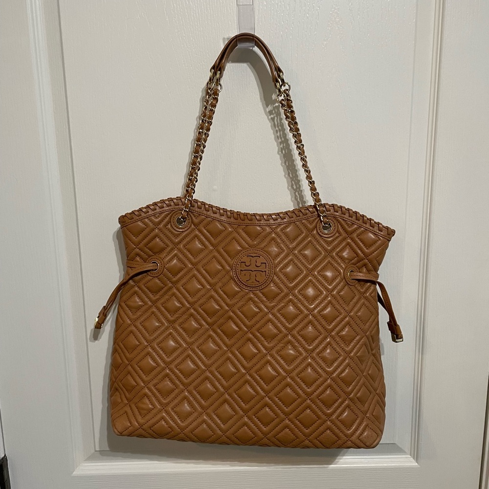 Tory Burch Marion Quilted Leather Tote- Tan
